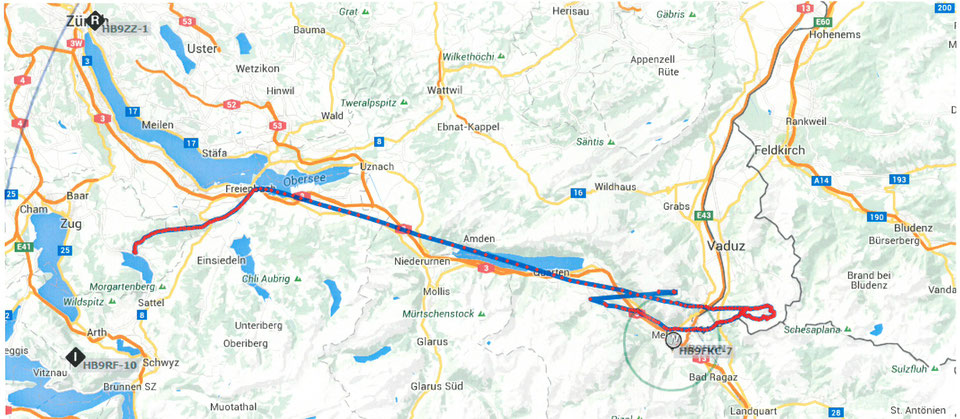 Die tatsächliche Flugroute des Wetterballons wurde mit Hilfe von APRS-Funk live aufgezeichnet...